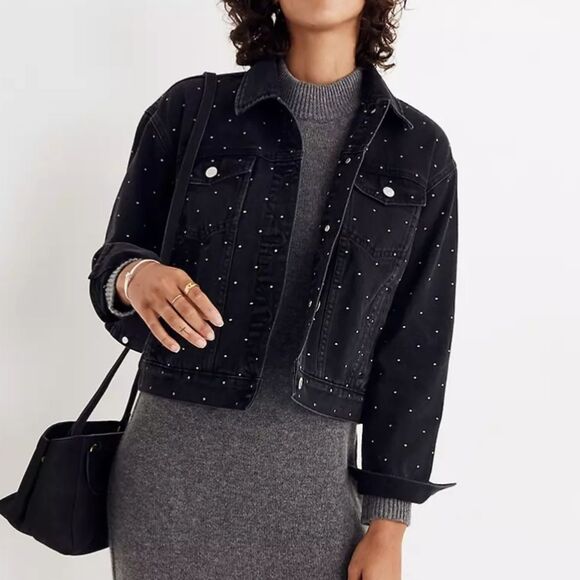 Madewell The Boxy Crop Black Denim Jean Jacket Metallic Dot Edition Women's XS - Picture 2 of 13